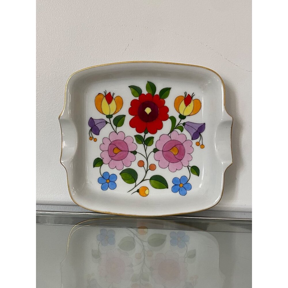Vintage Kalocsa Hungary Handpainted Porcelain Dish With Floral Motif & Gold Trim